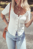 White Snap Button Drawstirng Tie Neck Textured Half Sleeve Shirt