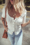 White Snap Button Drawstirng Tie Neck Textured Half Sleeve Shirt