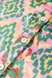 Dark Green Abstract Print Half Sleeve Button up Loose Shirt