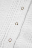 White Snap Button Drawstirng Tie Neck Textured Half Sleeve Shirt
