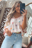 Delicacy Embroidered Flowers Colorblock Edge Hollowed Sweater