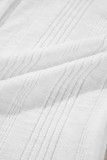 White Snap Button Drawstirng Tie Neck Textured Half Sleeve Shirt