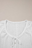 White Snap Button Drawstirng Tie Neck Textured Half Sleeve Shirt