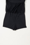Black Plain Sleeveless Loop Drawstring Cinched Waist Romper