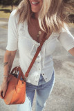 White Snap Button Drawstirng Tie Neck Textured Half Sleeve Shirt