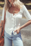 White Snap Button Drawstirng Tie Neck Textured Half Sleeve Shirt