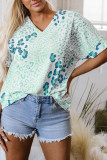 Green Mixed Leopard Print V Neck Short Sleeve Blouse