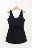 Black Plain Sleeveless Loop Drawstring Cinched Waist Romper