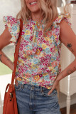 Multicolour Floral Pleated Detail Flutter Sleeve Blouse