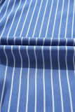 Sky Blue Stripe Frilly Split Neck Shirred Ruffle Sleeve Short Shift Dress