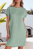 Grass Green Solid Color Textured Crinkle Short Sleeve T Shirt Dress