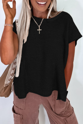 Black Solid Color Sweater Tee with Side Slits