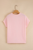 Pink Corded Knit Color Block Pocketed Crew Neck T Shirt