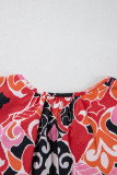 Red Ethnic Print Split Neck Short Puff Sleeve Blouse