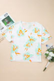 Green Floral Print Loose Fit V Neck Half Sleeve Blouse