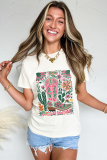 White Western Boot Flower Print Crew Neck Loose Tee