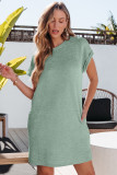 Grass Green Solid Color Textured Crinkle Short Sleeve T Shirt Dress