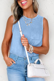 Beau Blue Mineral Wash Patched Chest Pocket Casual Tank Top