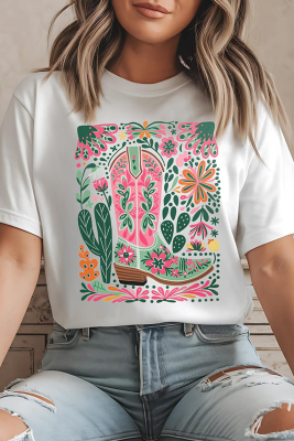 White Western Boot Flower Print Crew Neck Loose Tee