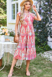 Rose Tribal Paisley Print Ruffled Sleeve Notch Neck Midi Dress