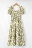 Yellow Boho Floral Square Neck Smocked Bust Puff Sleeve Tiered Long Dress