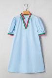 Myosotis Contrast Striped Notched V Neck Puff Sleeve Mini Dress