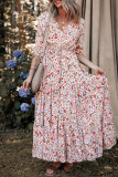 Red Boho Half Sleeve Floral V Neck Maxi Dress