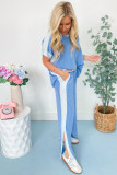 Sky Blue 2-tone Colorblock Patchwork Corded 2pcs Outfit