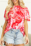 Red Abstract Print Ruffled Short Sleeve Mock Neck Blouse