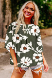 Casual Floral Print Button Keyhole Back Wide Short Sleeve Blouse