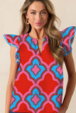 Red Abstract Floral Print Trimmed Flutter Sleeve Blouse
