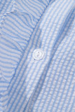 Beau Blue Striped Ruffle Short Bubble Sleeve Shirt