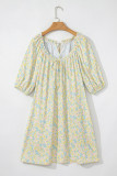 Green Floral Half Sleeve Frilled U Neck A-line Short Dress