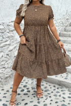 Brown Plus Size Leopard Print Frill Trim Short Sleeve Flared Dress