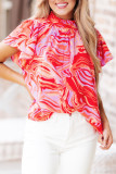 Red Abstract Print Ruffled Short Sleeve Mock Neck Blouse