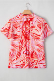 Red Abstract Print Ruffled Short Sleeve Mock Neck Blouse