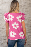 Pink Floral Textured Ruffled Short Sleeve Square Neck Blouse