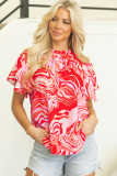 Red Abstract Print Ruffled Short Sleeve Mock Neck Blouse