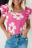 Pink Floral Textured Ruffled Short Sleeve Square Neck Blouse