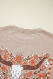 Smoke Gray Mineral Wash Floral Steer Head Printed Back Western Fashion Tee