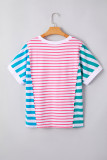 Pink Stripe Mixed Pattern Patchwork Uneven Hem Loose Tee