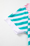Pink Stripe Mixed Pattern Patchwork Uneven Hem Loose Tee