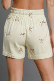 White Bow Print Lace Drawstring Casual Shorts