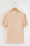 Pale Chestnut Crochet Floral V Neck Textured Short Sleeve Blouse