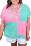 Mint Green Colorblock Patchwork Short Sleeve Buttons Plus Size Henley Top