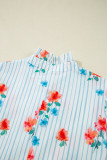 Sky Blue Stripe Floral Pattern Ruffle Short Sleeve Belted Mini Dress