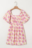 Rose Vibrant Floral Square Neck Puff Sleeve Pleated Flared Midi Dress
