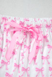 Pink Bowknot Printed Short Sleeve and Ruffled Shorts Pajama Set