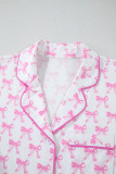 Pink Bowknot Printed Short Sleeve and Ruffled Shorts Pajama Set