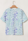 Sky Blue Leopard Print Short Sleeve V Neck Plus Size Top